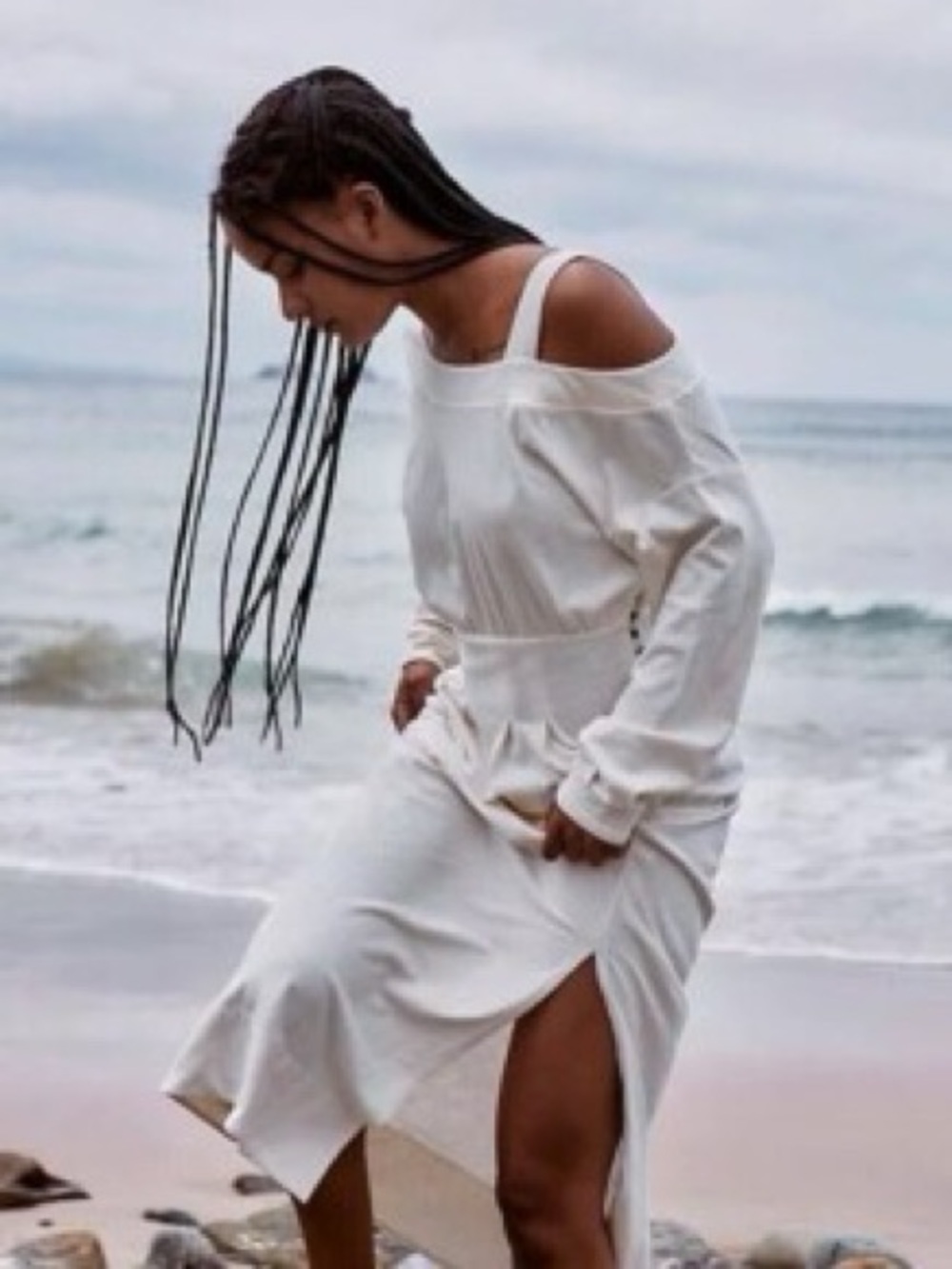 Free People FP Beach Ibiza Long Sleeve Asymmetrical Off Shoulder Midi Dress M
